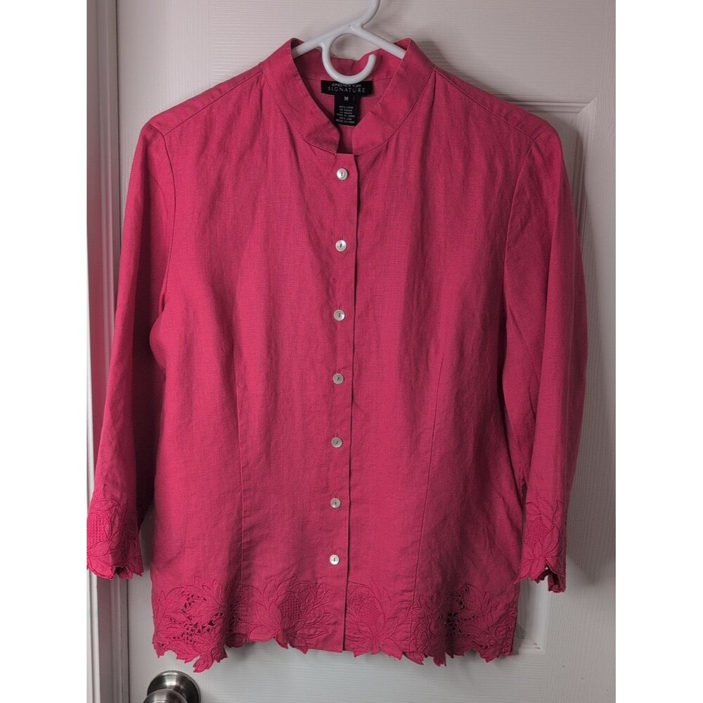 Jones New York 100% Linen Pink Mandarin-Collar Button Front Shirt Size M